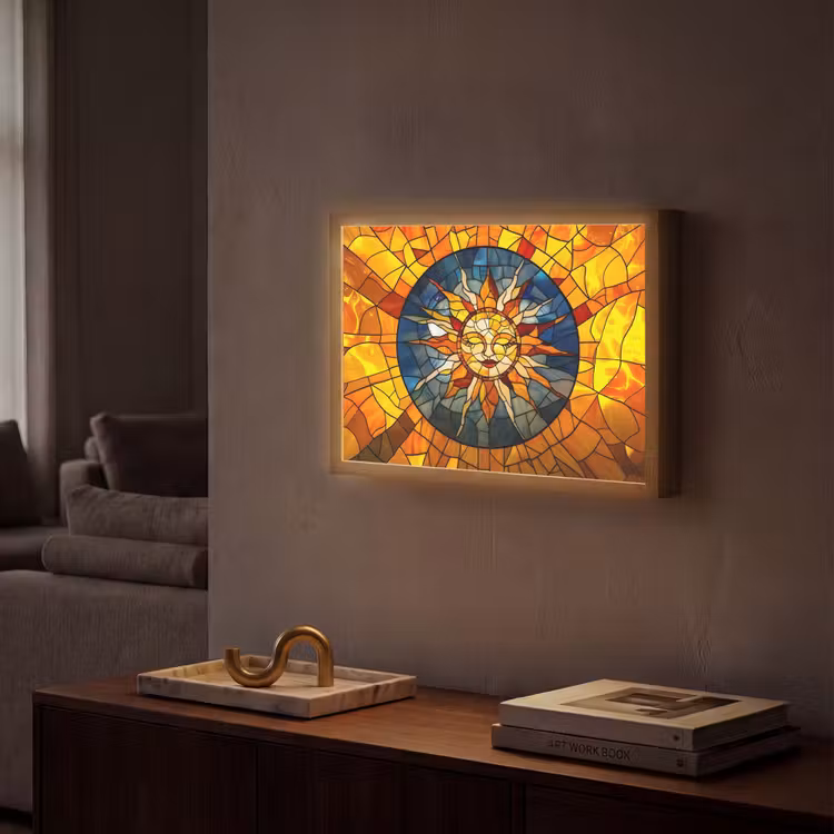 Mozaïek - Zon - Geel - Cirkel Light Box met batterij (Wandlamp) middel -sfeer1