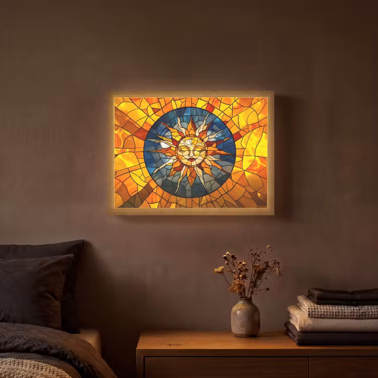 Mozaïek - Zon - Geel - Cirkel Light Box met batterij (Wandlamp) middel -sfeer4