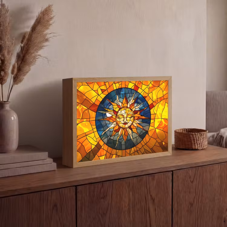 Mozaïek - Zon - Geel - Cirkel Light Box met batterij (Wandlamp) middel -sfeer2
