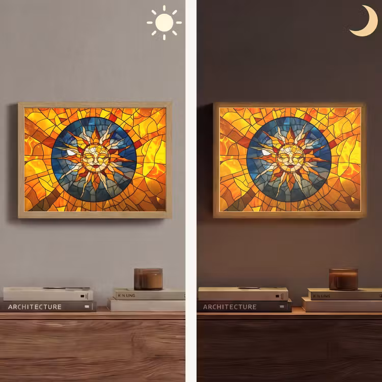 Mozaïek - Zon - Geel - Cirkel Light Box met batterij (Wandlamp) middel -sfeer3