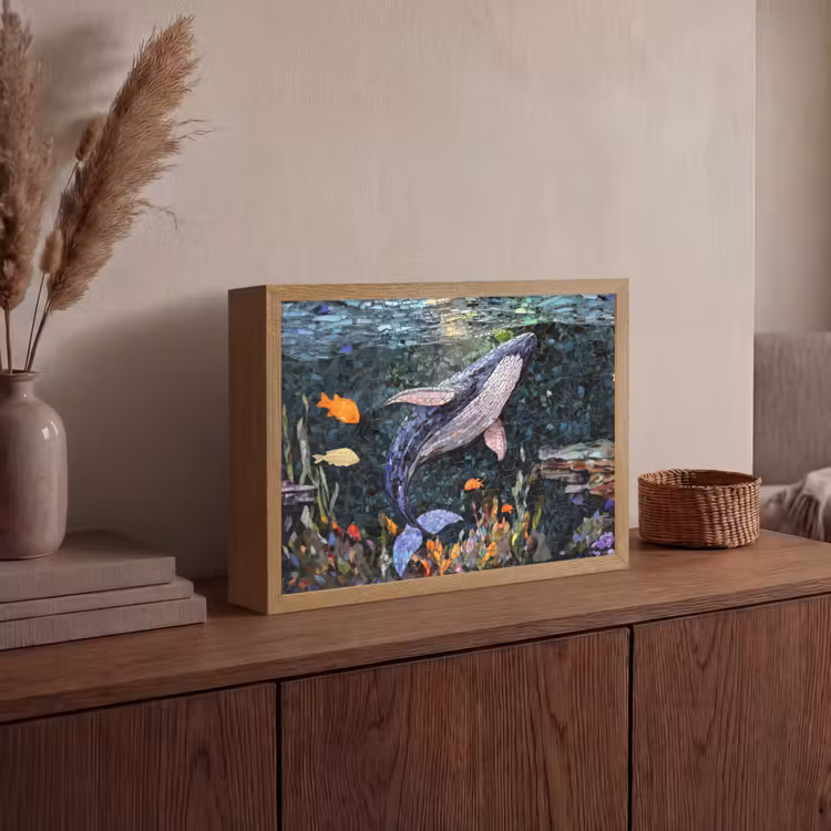 Mozaïek - Walvis - Koraal - Water Light Box met batterij (Wandlamp) middel -sfeer2