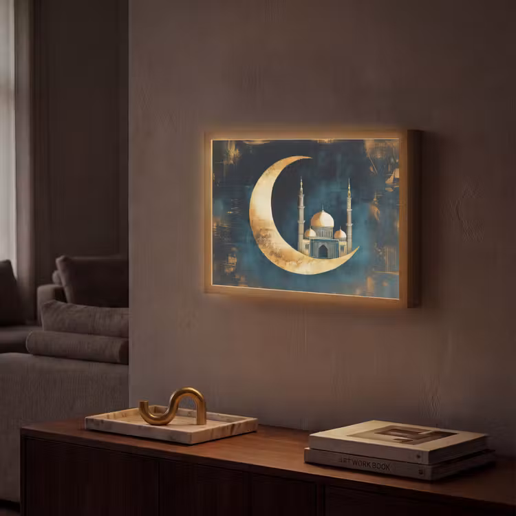 Moskee - Halve maan - Goud - Ramadan - Islamitische Light Box met batterij (Wandlamp) middel -sfeer1