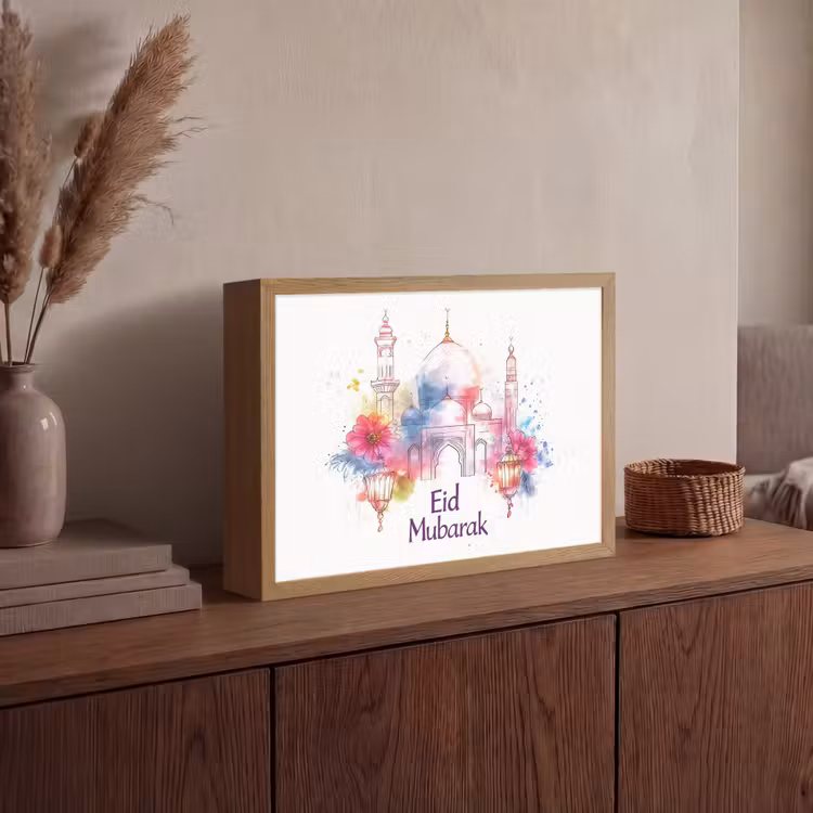 Moskee - Eid Mubarak - Suikerfeest - Kleurrijk - Ramadan - Islamitische Light Box met batterij (Wandlamp) middel -sfeer2