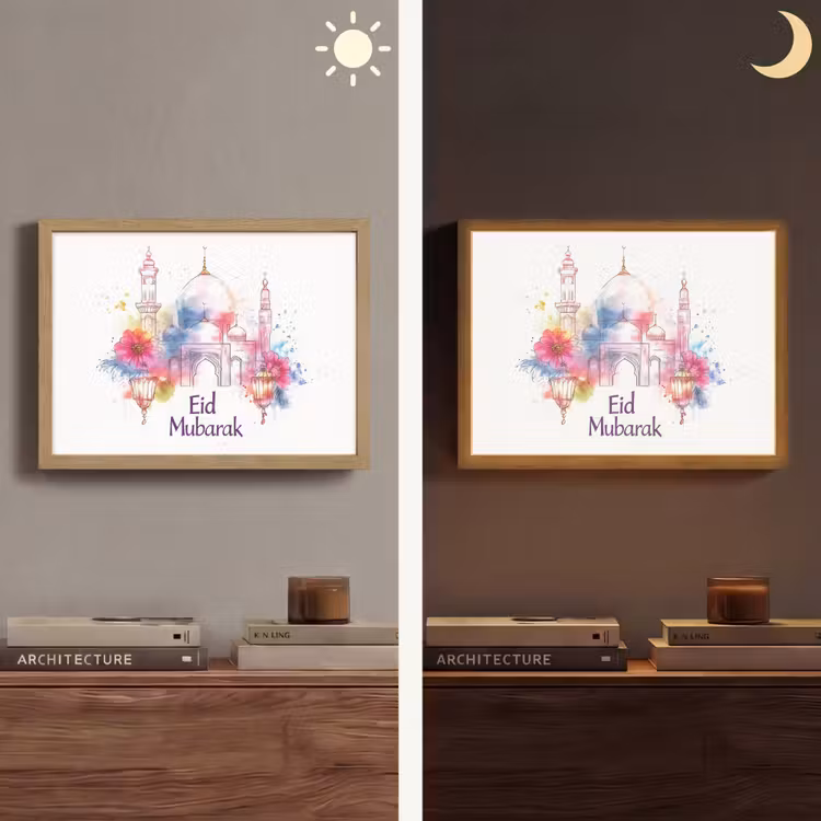 Moskee - Eid Mubarak - Suikerfeest - Kleurrijk - Ramadan - Islamitische Light Box met batterij (Wandlamp) middel -sfeer3
