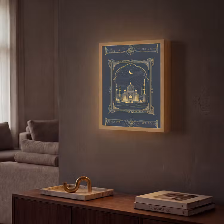Moskee - Islam - Goud - Ramadan - Islamitische Light Box met batterij (Wandlamp) middel -sfeer1