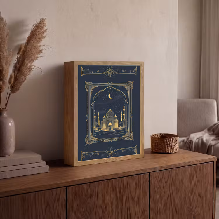 Moskee - Islam - Goud - Ramadan - Islamitische Light Box met batterij (Wandlamp) middel -sfeer2