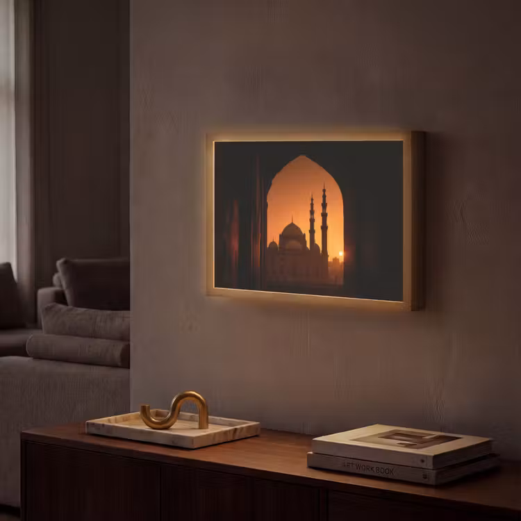 Moskee - Oranje lucht - Islamitisch Light Box met batterij (Wandlamp) middel -sfeer1