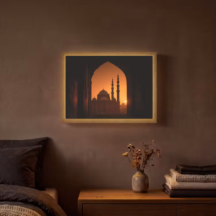Moskee - Oranje lucht - Islamitisch Light Box met batterij (Wandlamp) middel -sfeer4