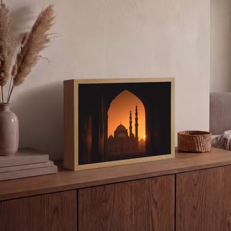 Moskee - Oranje lucht - Islamitisch Light Box met batterij (Wandlamp) middel -sfeer2
