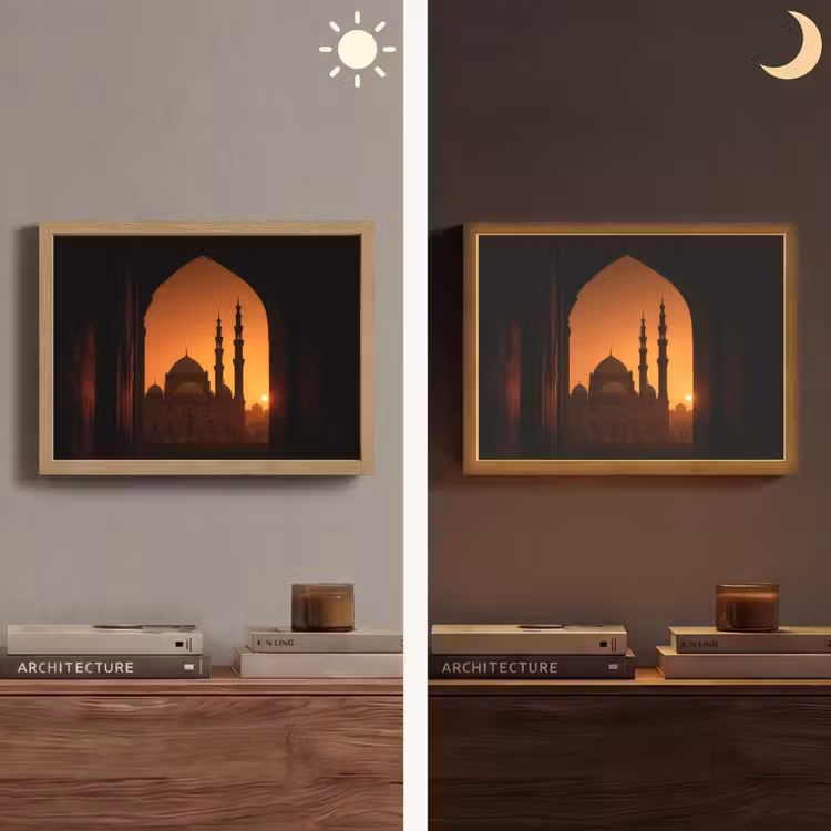 Moskee - Oranje lucht - Islamitisch Light Box met batterij (Wandlamp) middel -sfeer3