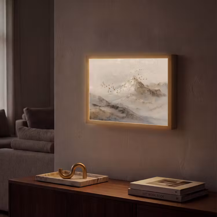 Berglandschap - Mist - Penseelstreken Light Box met batterij (Wandlamp) middel -sfeer1