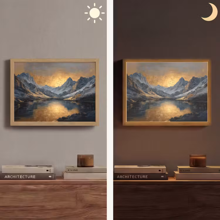 Berglandschap met Gouden Zonsondergang Light Box met batterij (Wandlamp) middel -sfeer3