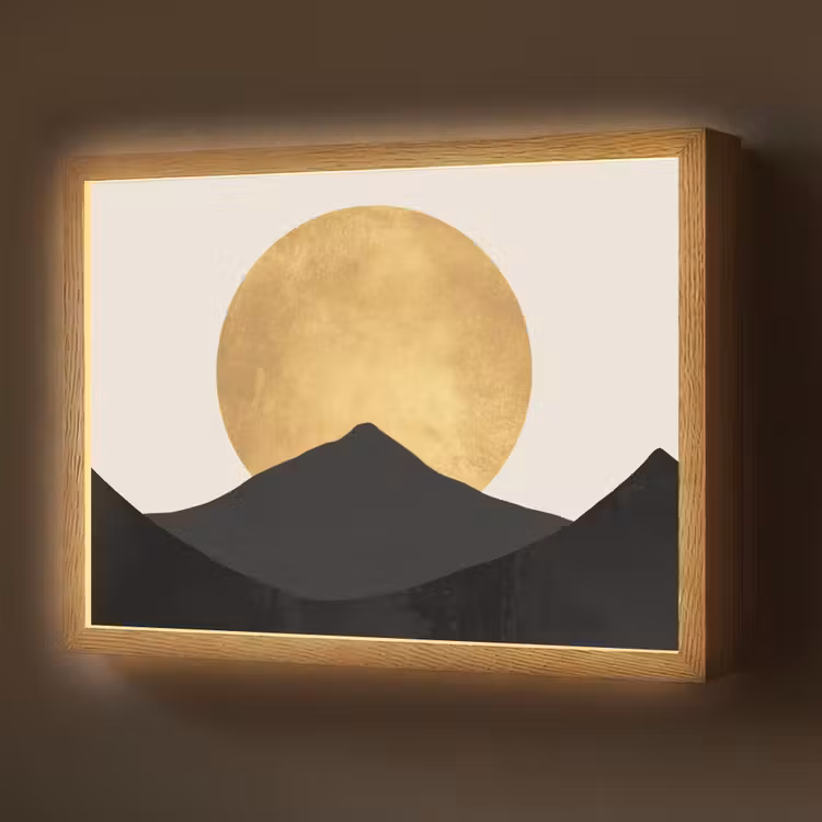 Bergsilhouetten - Gouden cirkel - Beige Light Box met batterij (Wandlamp) middel -z3d_website