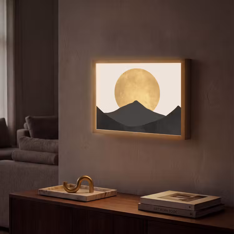 Bergsilhouetten - Gouden cirkel - Beige Light Box met batterij (Wandlamp) middel -sfeer1