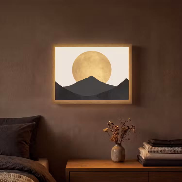 Bergsilhouetten - Gouden cirkel - Beige Light Box met batterij (Wandlamp) middel -sfeer4