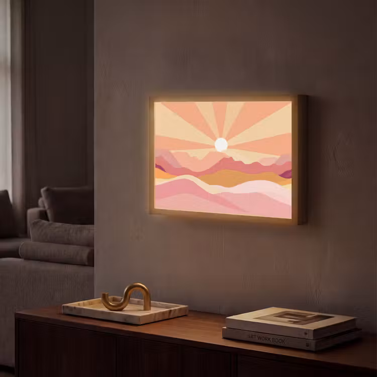 Bergen - Abstract - Zonnestralen - Roze Light Box met batterij (Wandlamp) middel -sfeer1