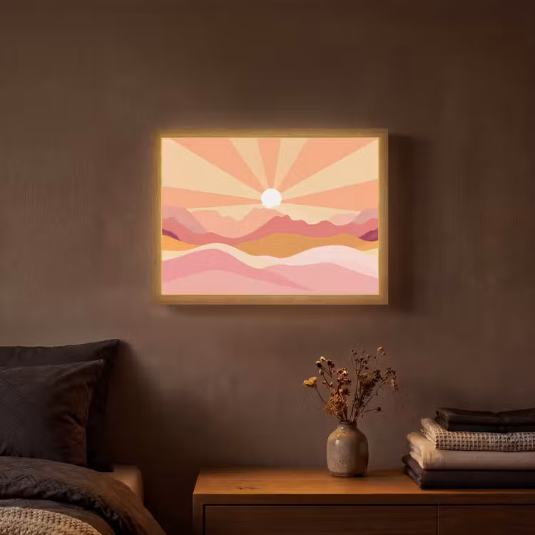 Bergen - Abstract - Zonnestralen - Roze Light Box met batterij (Wandlamp) middel -sfeer4