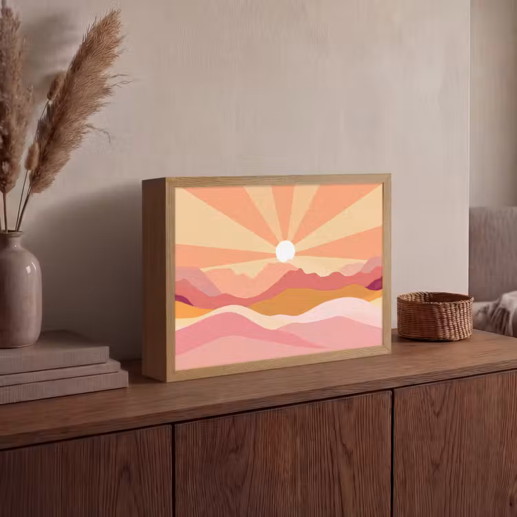 Bergen - Abstract - Zonnestralen - Roze Light Box met batterij (Wandlamp) middel -sfeer2