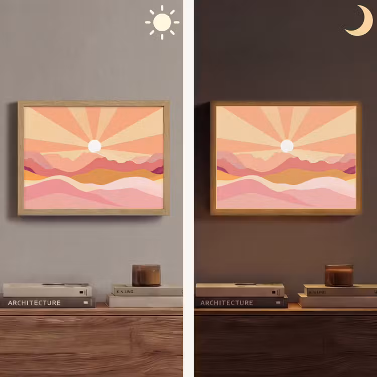 Bergen - Abstract - Zonnestralen - Roze Light Box met batterij (Wandlamp) middel -sfeer3