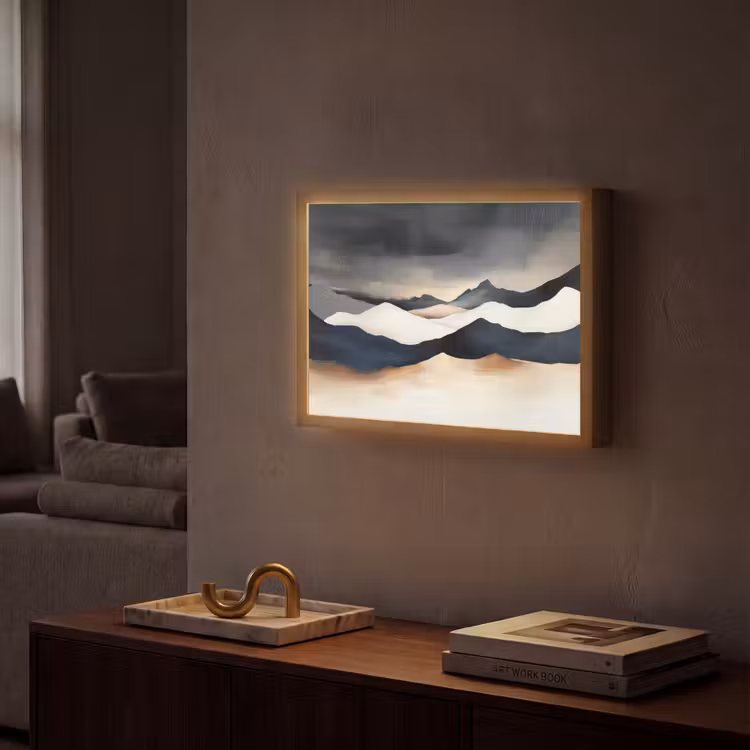 Bergen - Donkerblauw - Landschap Light Box met batterij (Wandlamp) middel -sfeer1