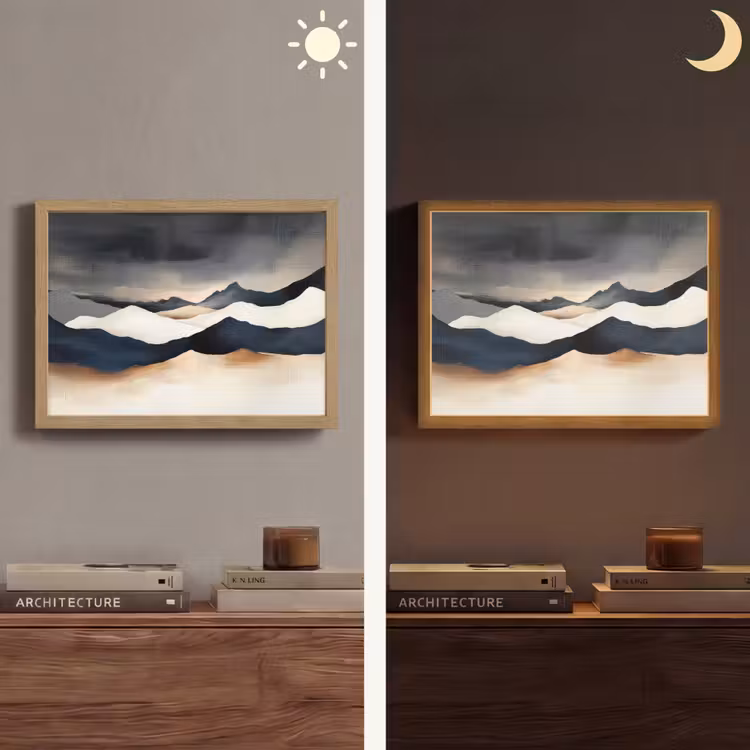 Bergen - Donkerblauw - Landschap Light Box met batterij (Wandlamp) middel -sfeer3