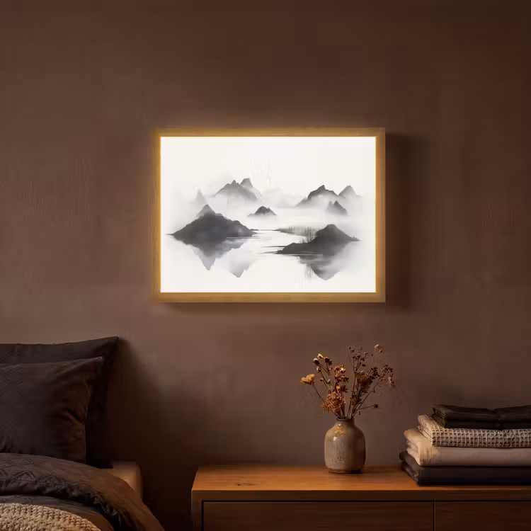 Bergen - Mistig - Water - Wit Light Box met batterij (Wandlamp) middel -sfeer4
