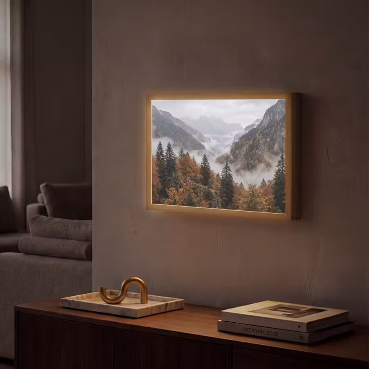 Bergen - Vallei - Mist - Herfst - Natuur Light Box met batterij (Wandlamp) middel -sfeer1