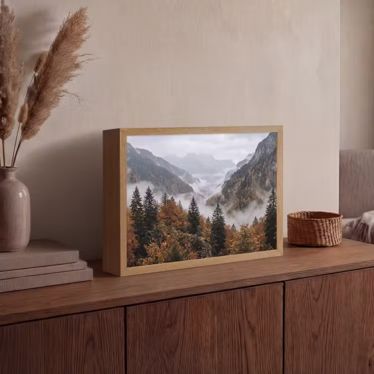Bergen - Vallei - Mist - Herfst - Natuur Light Box met batterij (Wandlamp) middel -sfeer2