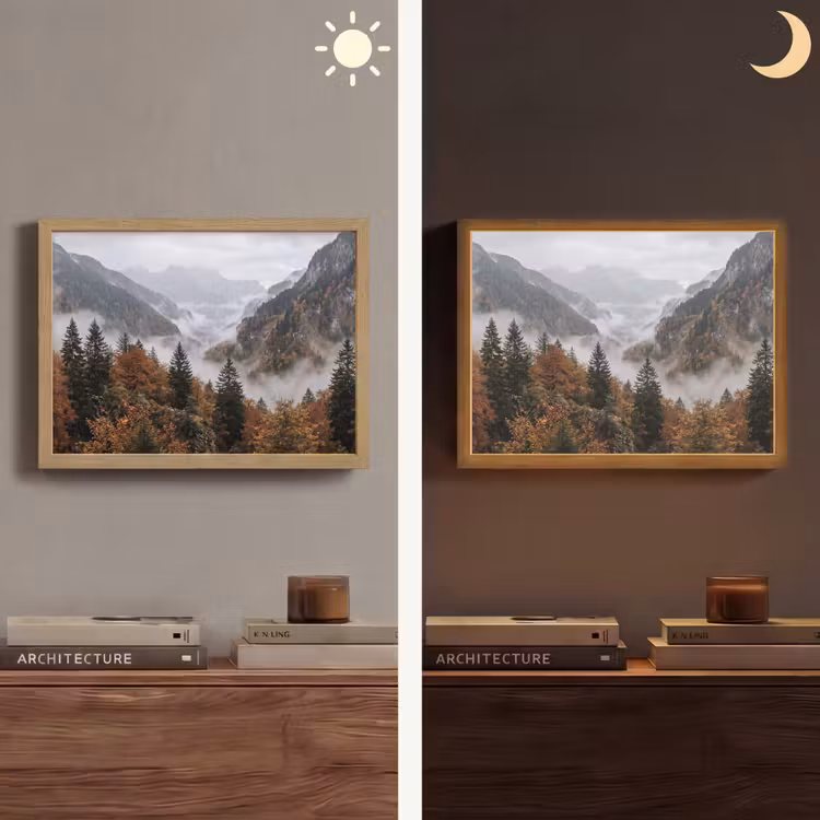Bergen - Vallei - Mist - Herfst - Natuur Light Box met batterij (Wandlamp) middel -sfeer3