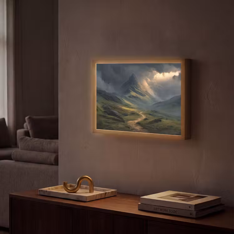 Bergen - Kronkelpad - Groen - Wolken Light Box met batterij (Wandlamp) middel -sfeer1