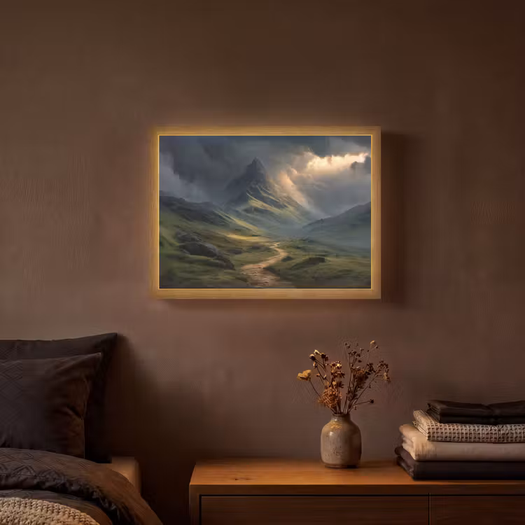 Bergen - Kronkelpad - Groen - Wolken Light Box met batterij (Wandlamp) middel -sfeer4