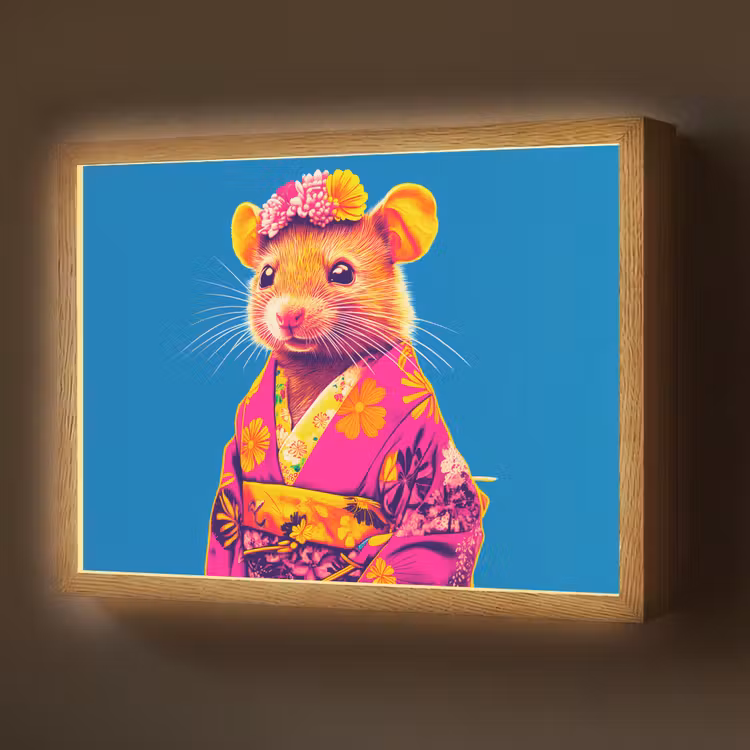 Muis - Kimono - Bloemen - Blauw Light Box met batterij (Wandlamp) middel -z3d_website