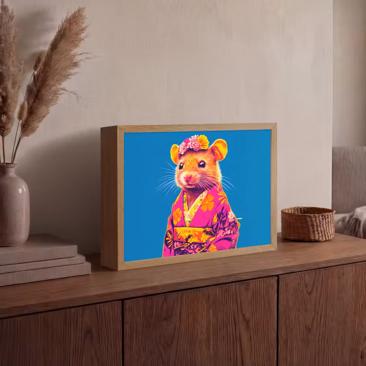 Muis - Kimono - Bloemen - Blauw Light Box met batterij (Wandlamp) middel -sfeer2