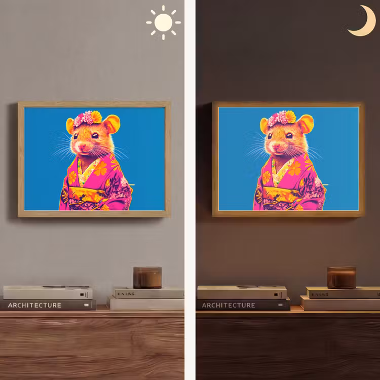 Muis - Kimono - Bloemen - Blauw Light Box met batterij (Wandlamp) middel -sfeer3