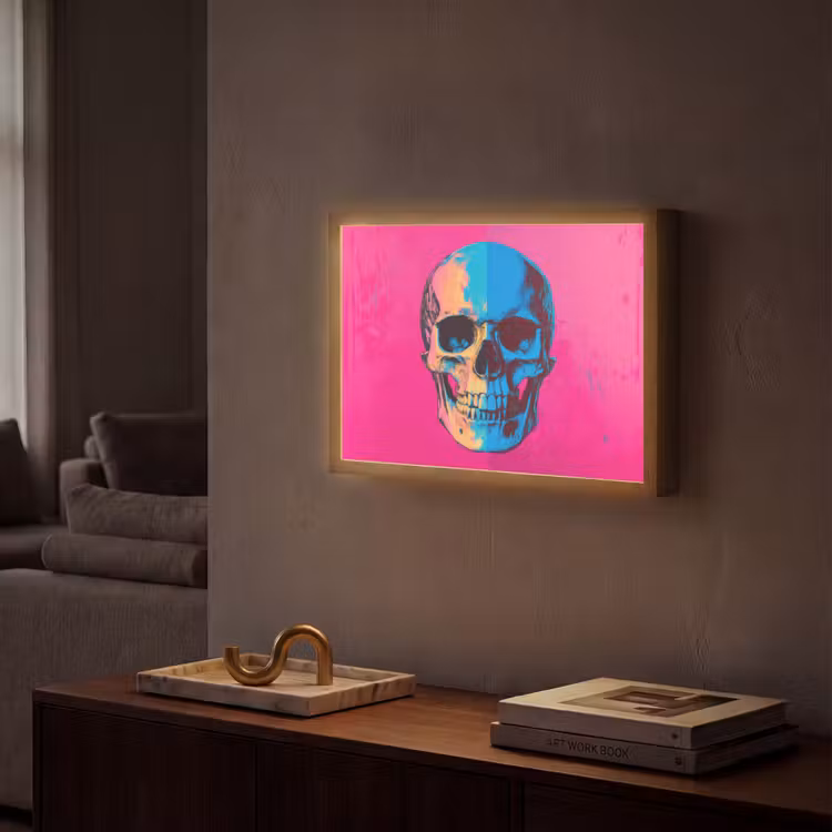 Neon - Blauw - Pop-art - Schedel Light Box met batterij (Wandlamp) middel -sfeer1