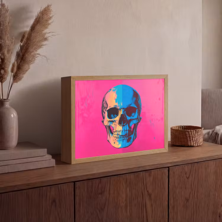 Neon - Blauw - Pop-art - Schedel Light Box met batterij (Wandlamp) middel -sfeer2