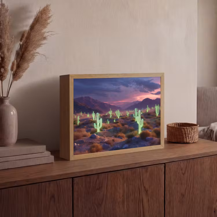 Neon cactussen - Woestijn - Zonsondergang Light Box met batterij (Wandlamp) middel -sfeer2