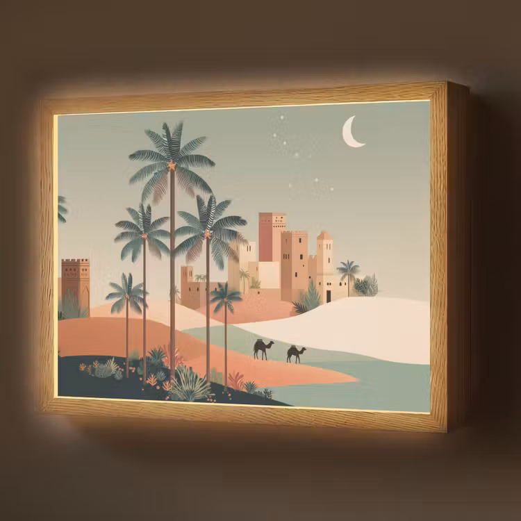 Nachtlandschap - Kamelen - Sterren - zandduinden Light Box met batterij (Wandlamp) middel -z3d_website