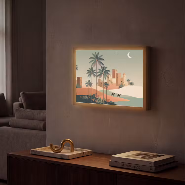 Nachtlandschap - Kamelen - Sterren - zandduinden Light Box met batterij (Wandlamp) middel -sfeer1