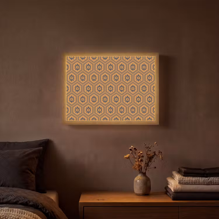 Okergeel - Patroon - Bloem - Donkerblauw Light Box met batterij (Wandlamp) middel 907 -sfeer4