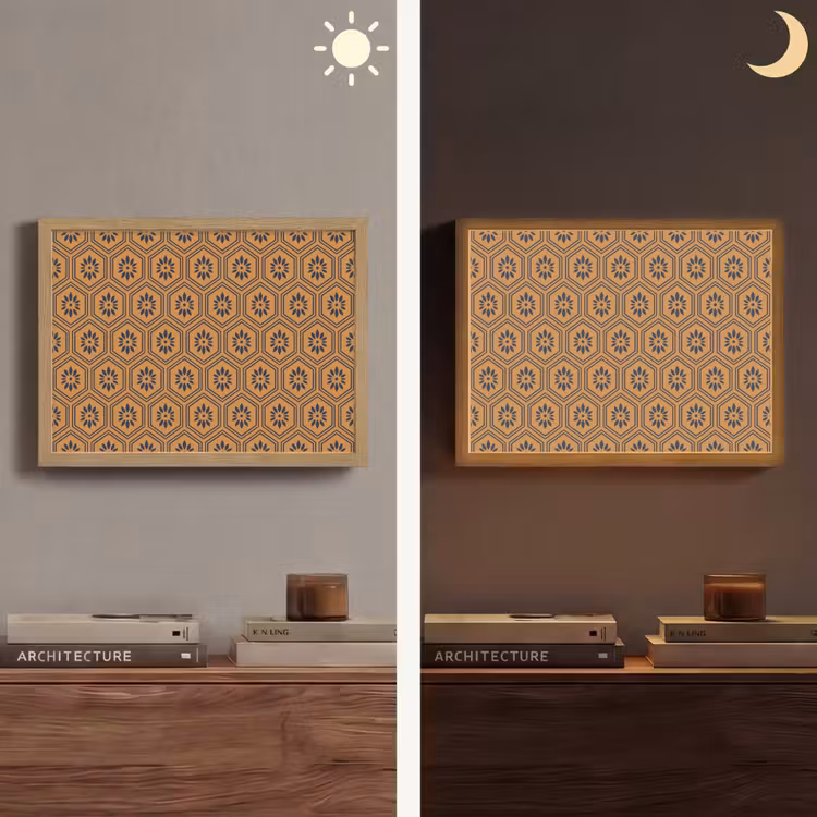 Okergeel - Patroon - Bloem - Donkerblauw Light Box met batterij (Wandlamp) middel 907 -sfeer3
