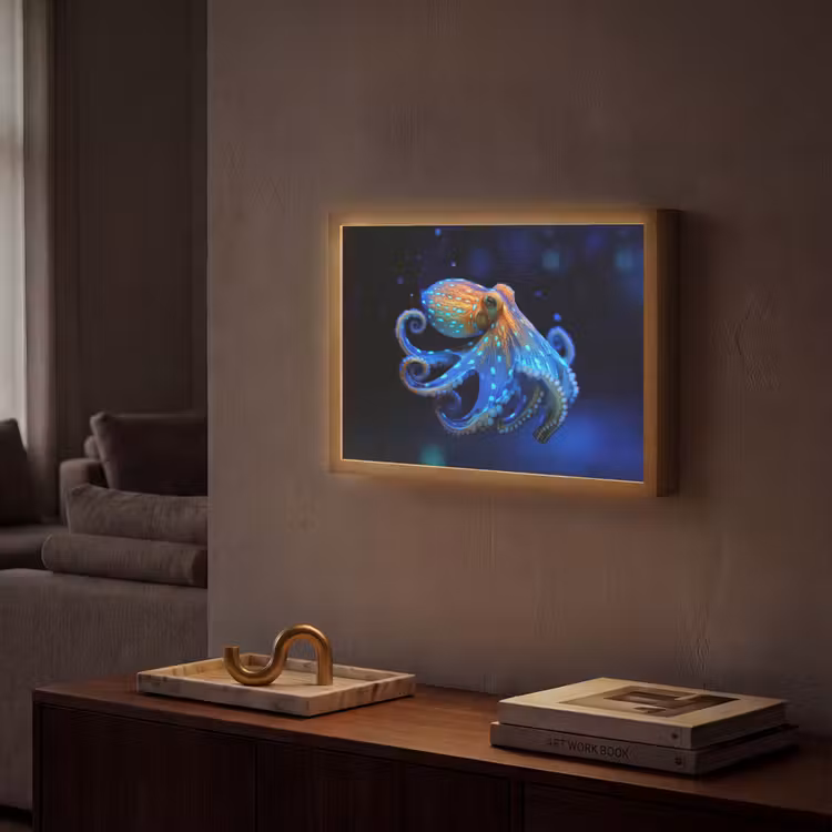 Octopus - Stippen - Blauw - Zee Light Box met batterij (Wandlamp) middel -sfeer1