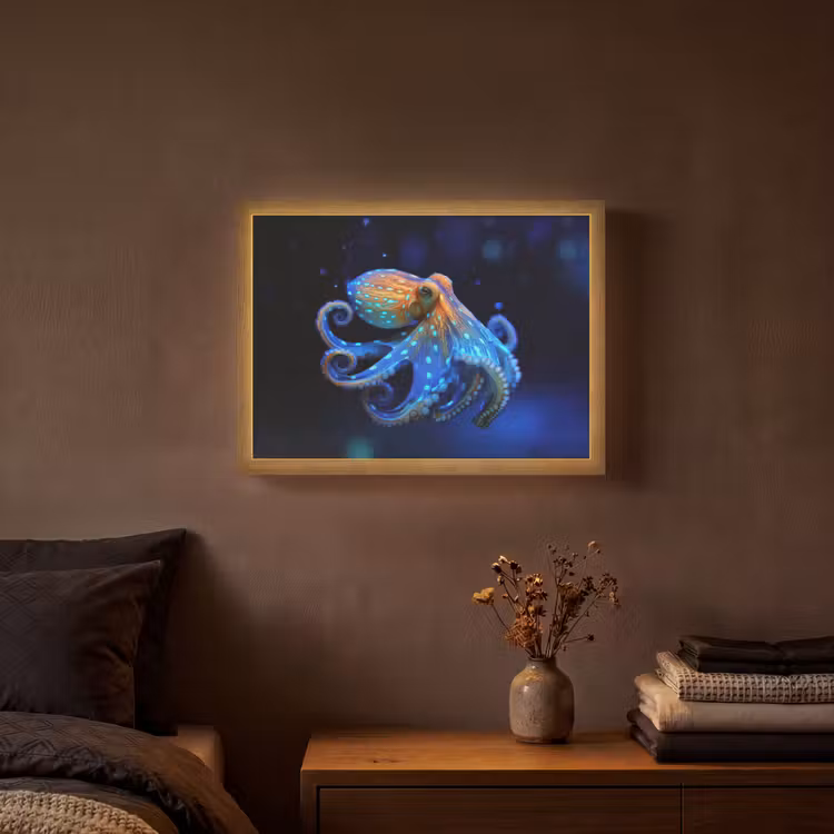 Octopus - Stippen - Blauw - Zee Light Box met batterij (Wandlamp) middel -sfeer4