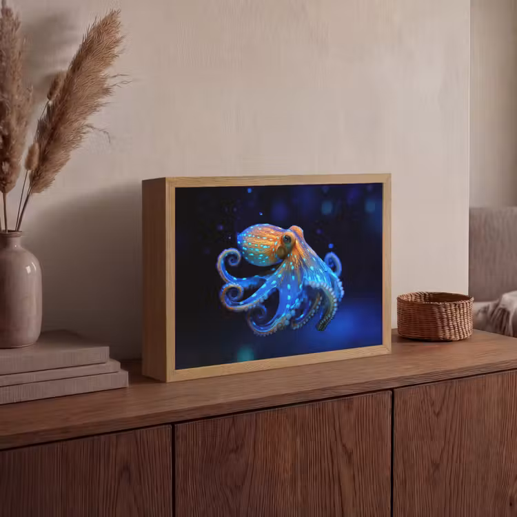 Octopus - Stippen - Blauw - Zee Light Box met batterij (Wandlamp) middel -sfeer2
