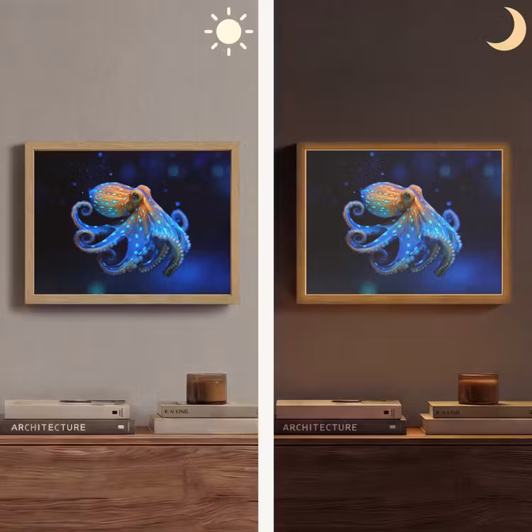 Octopus - Stippen - Blauw - Zee Light Box met batterij (Wandlamp) middel -sfeer3