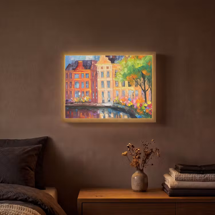 Olieverf - Amsterdam - Kunst - Kleurrijk Light Box met batterij (Wandlamp) middel -sfeer4