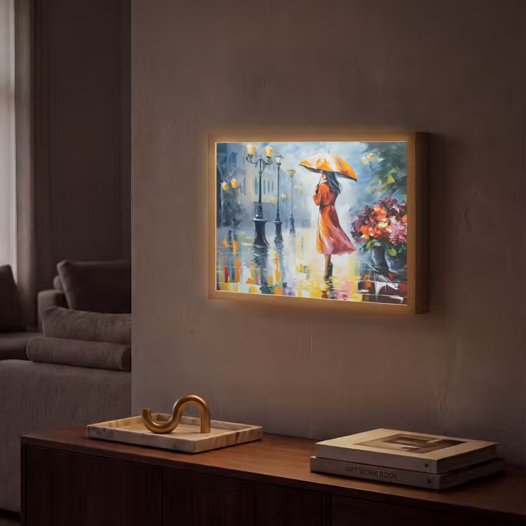 Olieverf - Paraplu - Vrouw - Straat - Kunst Light Box met batterij (Wandlamp) middel -sfeer1