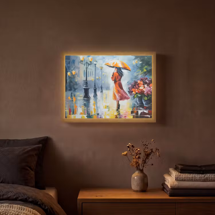 Olieverf - Paraplu - Vrouw - Straat - Kunst Light Box met batterij (Wandlamp) middel -sfeer4