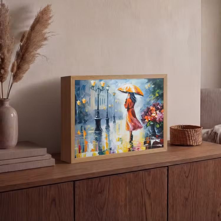 Olieverf - Paraplu - Vrouw - Straat - Kunst Light Box met batterij (Wandlamp) middel -sfeer2