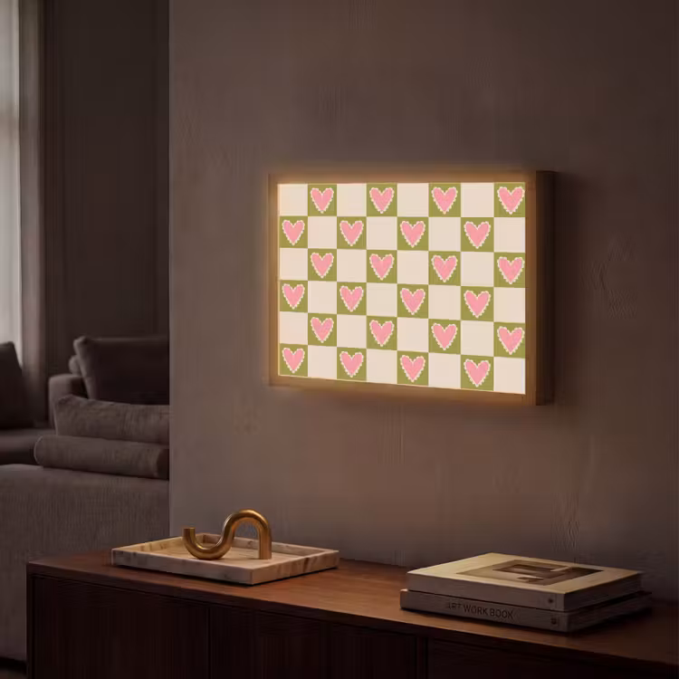 Olijfgroen - Hartjes - Patroon - Retro Light Box met batterij (Wandlamp) middel 907 -sfeer1